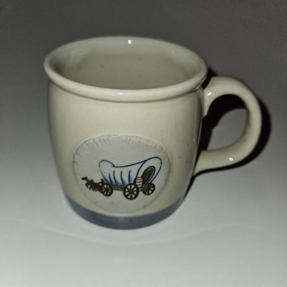 Covered Wagon Mug Coffee Cup Glass Tan Blue Horse Drawn Oregon Trail